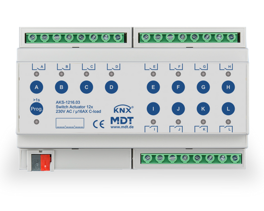 MDT AKS-1216.03 KNX Schaltaktor 12-f. 8TE 16A 230VAC C-Last Standard 140üF